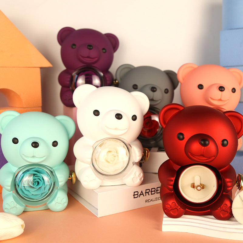 Teddy Bear Gift Box with Round Necklace Rotating Eternal Rose Box Wedding Jewelry Occasions Custom Name Necklace Gift For Women