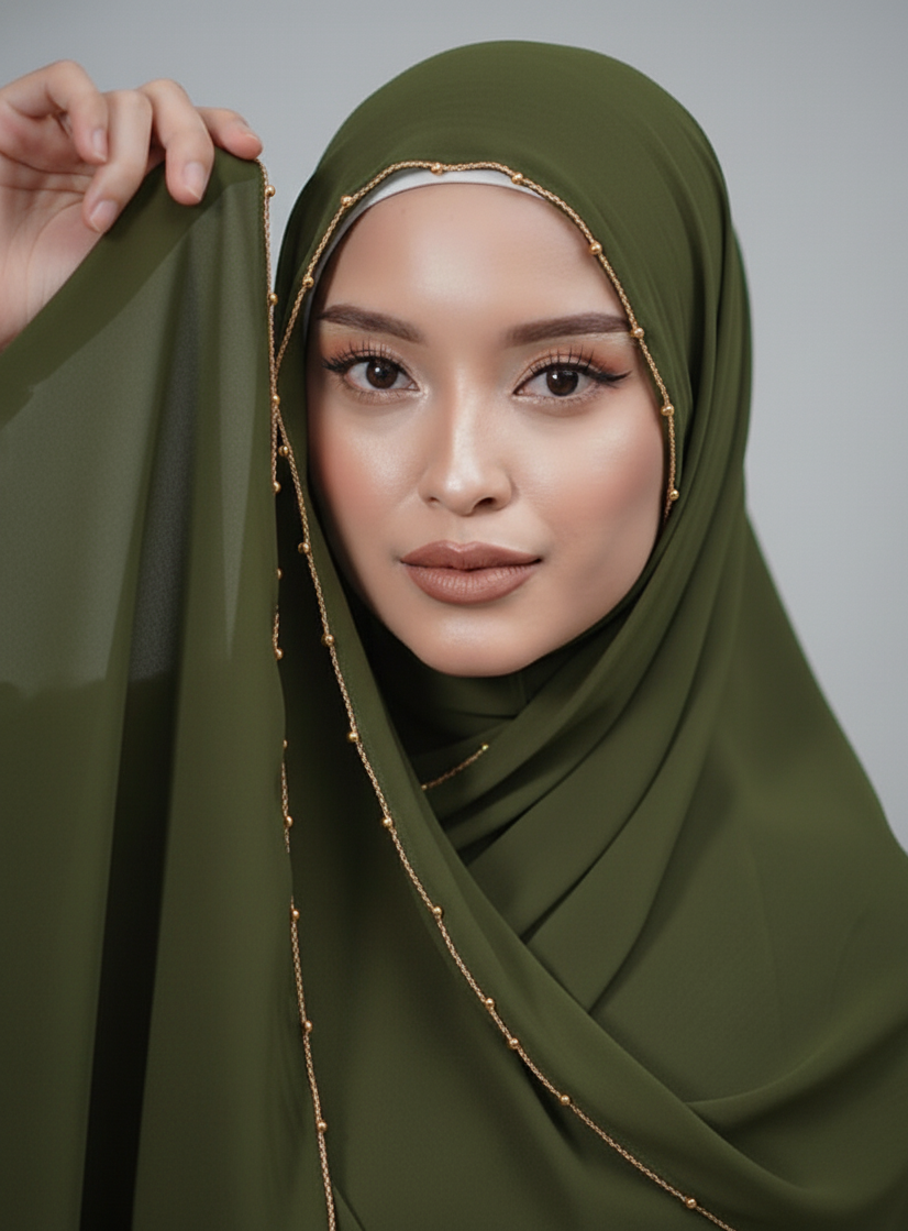 Beads Silk Hijab with attached cap for Women - Attraction Hijab