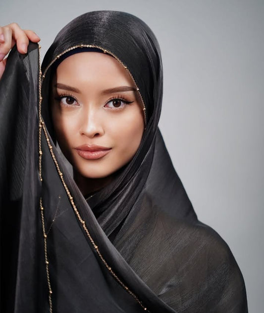 Beads Silk Hijab with attached cap for Women - Attraction Hijab