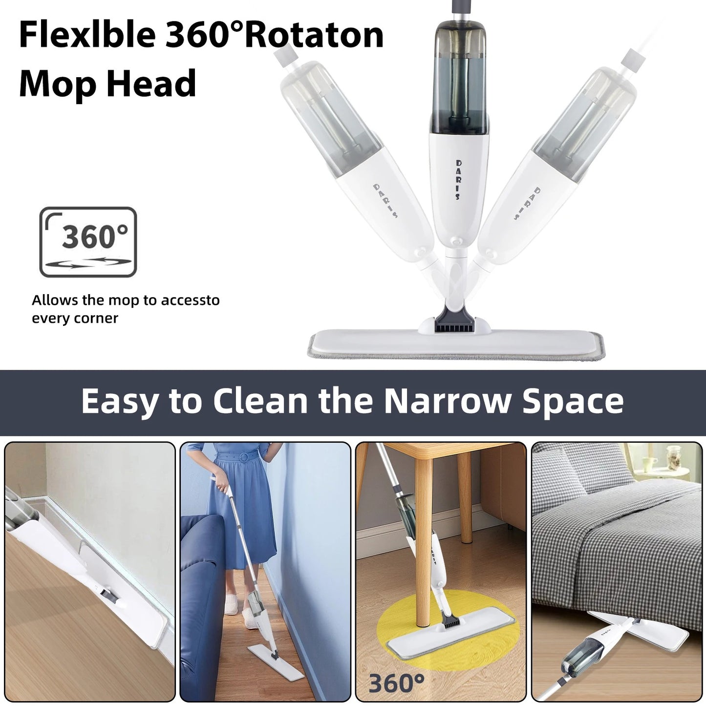 Spray Floor Cleaning Mop 500ML Wide Range Fan-shaped Mist Reusable Microfibers Pads 360° Flat Mop For Tile Wooden Floor